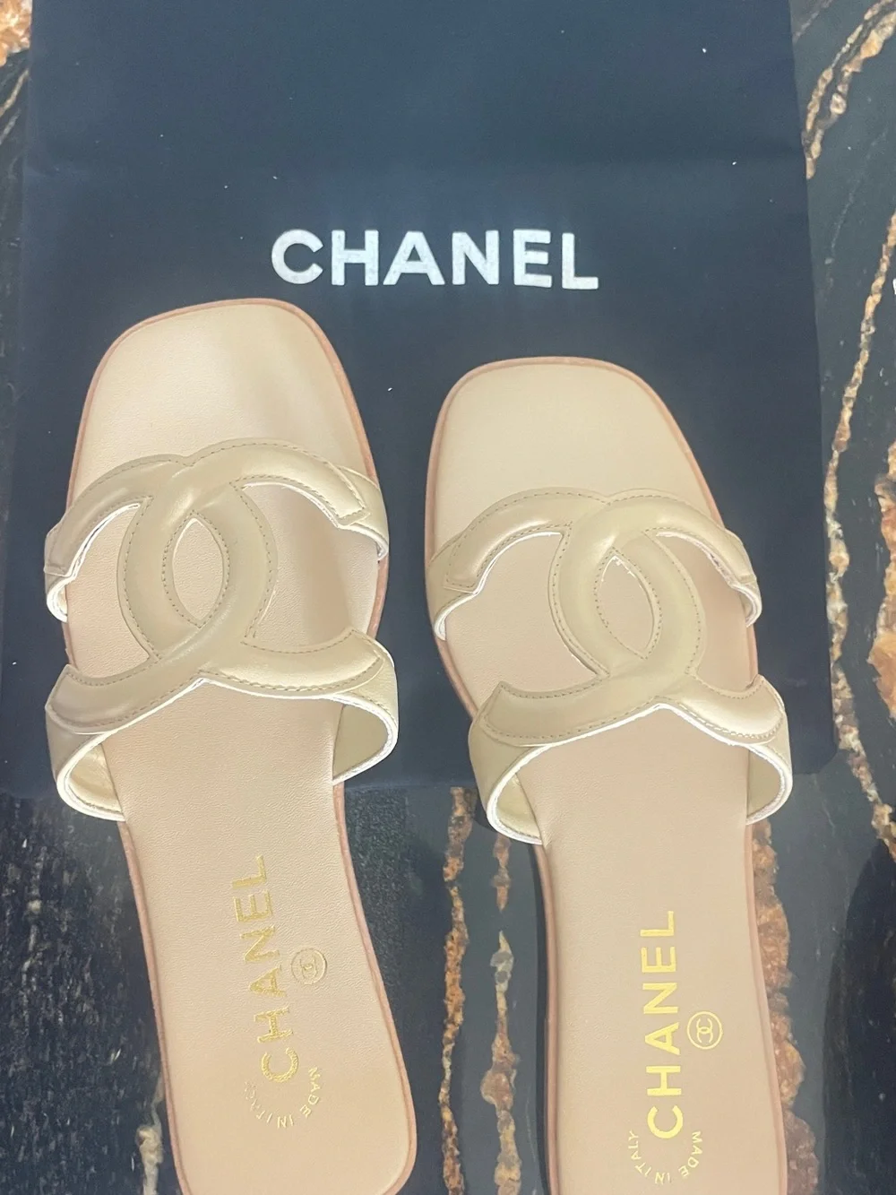 CHANEL Genuine Leather Cream Beige Interlocking CC Slide Sandals